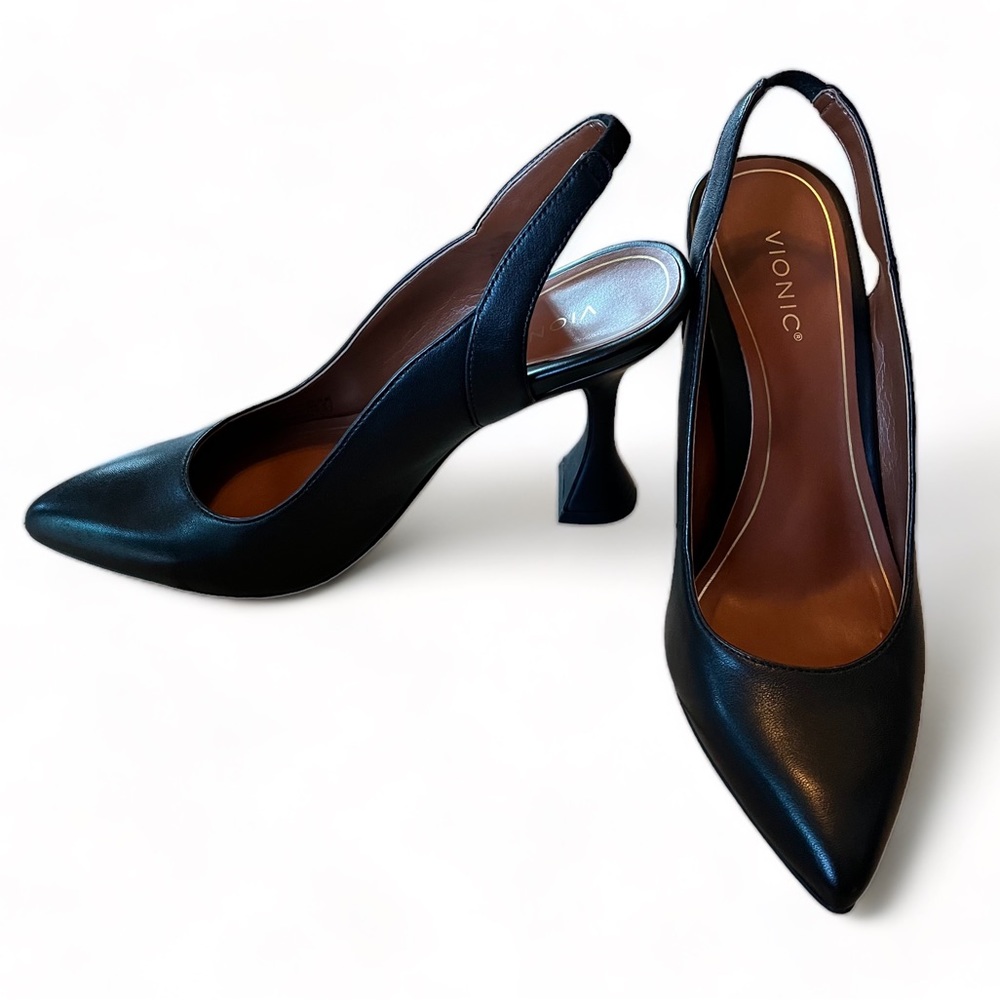 VIONIC Adalena Pointed Toe Pump Slingback Heels Black Leather Size 8.5